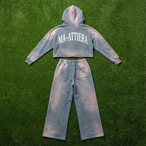 Custom Women Acid Wash Blue Gray <b>Cropped</b> Hoodie Wide Leg <b>Jogger</b> Set Cotton Fleece Rhinestone Tracksuit OEM Wholesale - Product Image 5