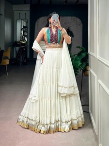 Custom Women Boho Indo Western Off <b>White</b> Layered Skirt Bandhani Print Halter Crop Top Shell Tassel Dupatta Wholesale - Product Image 3