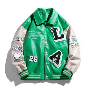 Veste de sport en PU verte pour homme, style preppy, avec patchs brodés, veste de sport en cuir de haute qualité, fabricant OEM - Product Image 1