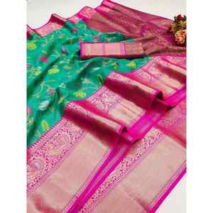 DESGASTE FIESTA ALGODÓN SEDA ZARI TRABAJO SAREE CON BLUSA DESCOSADA VERDE - Product Image 1