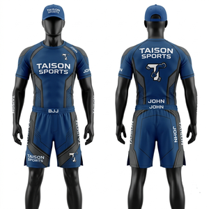 Rashguard et short de combat BJJ en polyester et élasthanne 260 GSM de qualité supérieure, design à panneaux bleu-gris, sublimation personnalisée - Product Image 1