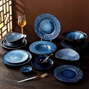 Elegante Juego de Vajilla de Cerámica con Esmalte Azul Reactivo, Platos y Tazones de Porcelana con Patrón Texturizado en Relieve para Hogar y Restaurante - Product Image 1