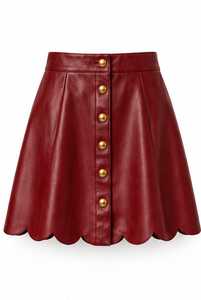 <b>Women's</b> Burgundy <b>Leather</b> High Waist A-Line Mini <b>Skirt</b> With Gold Buttons - Product Image 4