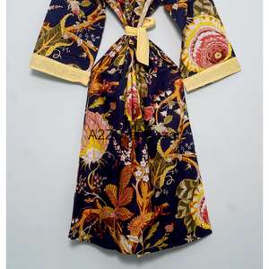 Nouvelle robe kimono en coton 100% avec bande frontale à motif, imprimé oiseaux, robe de bain, robe longue style bohème - Product Image 6