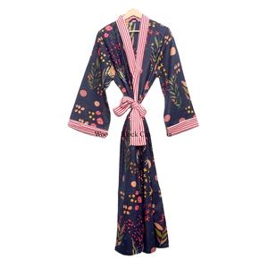 ชุดกิโมโนผ้าฝ้ายแท้ 100% ชุดกิโมโนผ้าฝ้ายพิมพ์ลายดอกไม้ด้วยมือ ชุดคลุมอาบน้ำกิโมโนผ้าฝ้าย พร้อมเข็มขัด ราคาขายส่ง - Product Image 1
