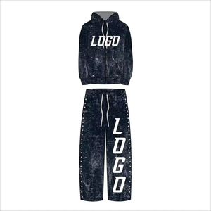 ผู้ผลิตเสื้อผ้าสตรีทแวร์แบบสั่งทำพิเศษ ปักลายวินเทจ แต่งผ้าแบบดิสเทรส ชุดเซ็ตเสื้อฮู้ดดี้และกางเกงขายาวสำหรับผู้ชาย - Product Image 2
