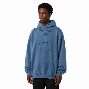 Sudaderas con capucha azules desgastadas al por mayor, de forro polar grueso, estilo oversize, streetwear, con bajo sin rematar, personalizables, marca privada, proveedor OEM - Product Image 1