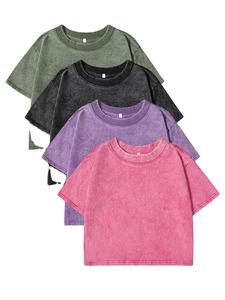 Femmes été décontracté 100% coton haut court ample col rond lavé Vintage à manches courtes t-shirts Style de rue solide haut court - Product Image 2
