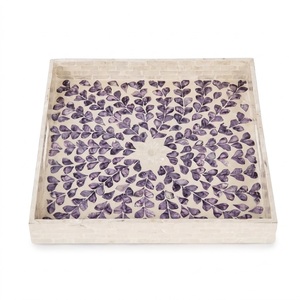 Plateau de service rond de luxe fait main en nacre incrustée, ensemble de plateaux décoratifs en mosaïque avec poignées pour table basse - Product Image 5