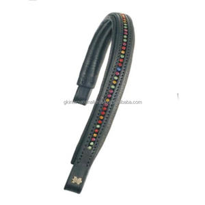 Bande de front de cheval en cuir rembourré en forme d'avant-toit sur mesure avec une rangée de pierres de marque multicolores en cristaux bling - Product Image 2