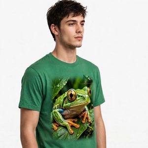 NEXTEX T-shirt unisexe en jersey de coton doux vert à col rond, motif grenouille des bois, décontracté - Product Image 2