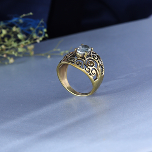 Blue Topaz Filigree <b>Dome</b> <b>Ring</b> | Bohemian Style Gold Plated Brass Wedding Statement Jewelry - Product Image 3