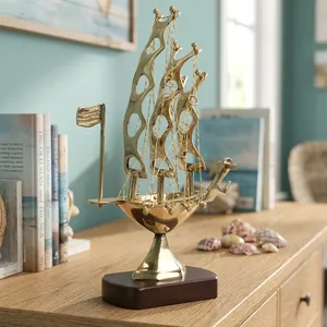 เรือใบจำลองโลหะทองเหลืองพร้อมฐานไม้ ตกแต่งสีทอง สำหรับตกแต่งบ้านและสำนักงาน - Product Image 6