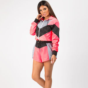 Conjunto Deportivo de Verano de 2 Piezas, Ligero, con Cremallera, de Nailon, Personalizado, Chaqueta Corta y Pantalones Cortos, con Parches Bordados de Encaje, OEM/ODM - Product Image 6