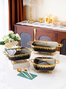 Luxury Gold Rim Eco-Friendly Bone China Chafing Dish Set Elegant Irregular Ceramic Buffet Server Glass Lid Stand Wedding Hotel - Product Image 4