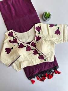 Blusa corta de algodón crema con bordado de hojas moradas, estilo étnico para mujer, para uso casual, estilo India-Pakistán. - Product Image 3