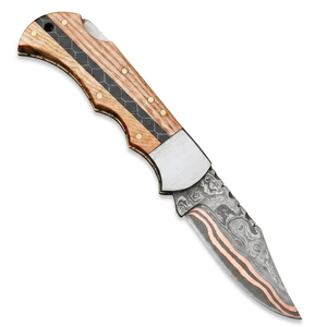Cuchillo de bolsillo plegable hecho a mano de Arwin Enterprises, hoja de acero damasco cobrizo con punta de gota de 6.5 pulgadas, mango de madera, funda de cuero. - Product Image 1