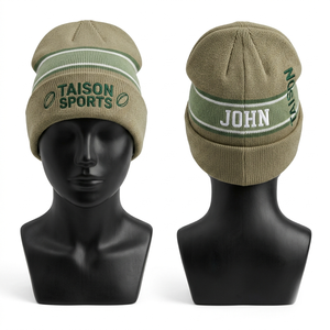 Bonnet de rugby en tricot acrylique premium 320 GSM, vert olive, revers rayé, pompon, logo personnalisé brodé, bonnet d'hiver - Product Image 1