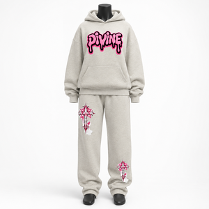 Conjunto Deportivo Unisex Gris con Capucha y Logotipo Rosa Estampado, Estilo Urbano, Corte Holgado, para Adultos, Otoño - Product Image 1