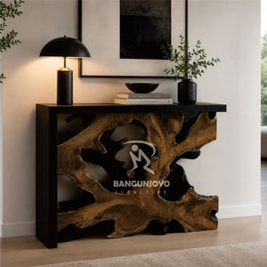 Table console moderne en teck massif, écologique, durable, fabriquée à la main, avec côtés en bois de butternut et centre en racine de teck - Product Image 1