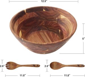 Saladiers en bois avec ustensiles de service, grands bols en bois d'acacia de 12,5 pouces pour mélanger les aliments, faits à la main, élégants, en bois naturel - Product Image 6