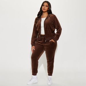 Women Plus Size Velour Tracksuit Set Hooded Cropped Jacket Jogger Pants Solid <b>Brown</b> Casual Autumn Wear Full Sleeve Zipper Front - Product Image 1