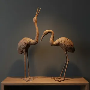Paire de figurines de grue en bronze faites à la main, finition patinée, sculpture animale contemporaine, décoration de table, présentation pour salon - Product Image 6