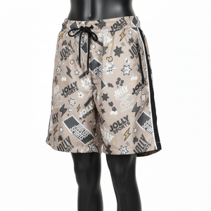 กางเกงขาสั้นผู้หญิงผ้าโพลีเอสเตอร์คุณภาพสูง สีเบจ ดำ ขาว แถบข้างพิมพ์ลายแบบซับลิเมชั่นตามสั่ง - Product Image 4