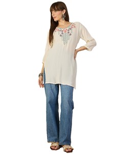Kurta Boho Bordada para Mujer, Viscosa Pura, Corte Regular, Largo Regular, Top Informal con Bordado Floral, Estilo India-Pakistán, Envío Rápido - Product Image 1