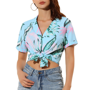 Blusa Corta de Verano para Mujer, Estilo Hawaiano, con Estampado Floral, 100% Algodón Tejido, Cuello en V, Manga Corta, con Botones - Product Image 1