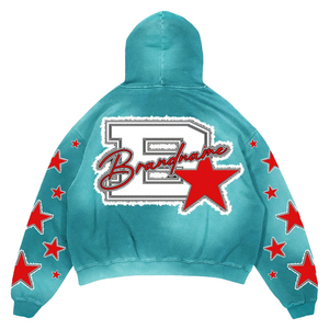 Sudadera con Capucha Extra Grande Personalizada de Algodón con Bordado de Letras y Estrellas Desgastadas en la Parte Delantera y Trasera, Sudadera Informal para Hombre - Product Image 3