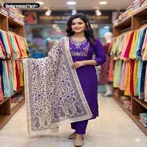 Good Quality Roman Silk with <b>Beads</b> Embroidery <b>Thread</b>-Moti work Violet Kurti-Pant-Dupatta Set Woman Fashion Manufacturer - Product Image 1
