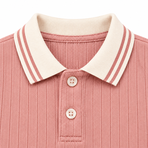 Polo côtelé rose poudré pour garçons, col contrastant blanc, manches courtes, décontracté, en coton, haut tendance pour l'été - Product Image 4