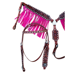 Ensemble de têtière et de peitorale pour cheval en cuir véritable Western, orné de franges et de ferrures en acier inoxydable, personnalisable - Product Image 3