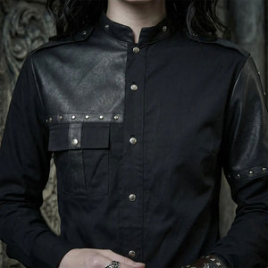 Gothic Shirt <b>Men</b> Black Leather Panel <b>Studded</b> Snap Button Top Steampunk Dark <b>Mens</b> Goth Punk Collared Shirts - Product Image 5
