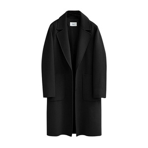 Black Minimalist Notched Collar Wool <b>Coat</b> <b>Women</b> <b>Long</b> Open Front <b>Winter</b> Overcoat - Product Image 1