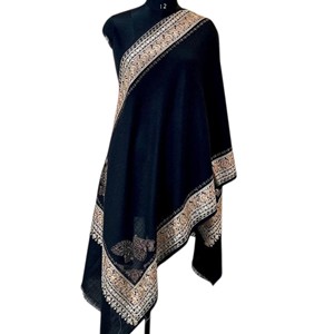 Women's Long Wool Shawl with Gold Embroidery Geometric Pattern Lightweight Durable Black and Beige Edge for Winter Daily Wear - Product Image 2