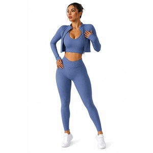 Custom Women's Ribbed Yoga Set 3 Piece <b>Workout</b> Outfit Long Sleeve Zip <b>Jacket</b> Sports Bra High Waist Leggings Gym Fitness Set - Product Image 2