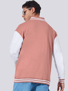 <b>Men's</b> Pink Varsity <b>Jacket</b> With <b>White</b> Sleeves Regular Fit Cotton Polyester Casual Autumn Wear Turn-down Collar Button Closure - Product Image 3