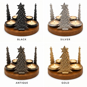 Porte-bougie en bois avec arbres de Noël en métal, bol à bougie chauffe-plat, centre de table rond, décoration festive pour la maison - Product Image 3