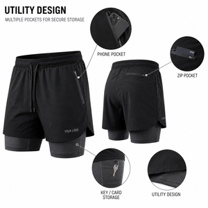 Pantalones Cortos Deportivos 2 en 1 para Hombre, Color Negro Sólido, Personalizados, de Doble Capa, con Cordón Ajustable, Secado Rápido, Transpirables, para Correr - Product Image 3