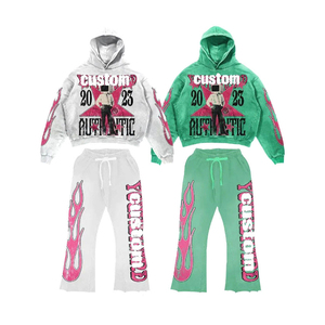 Ensemble de survêtement empilé pour homme 2026 en 100 % coton à motif uni, avec pantalon de jogging évasé délavé à l'acide et sweat à capuche, grande taille, impression sérigraphiée - Product Image 1