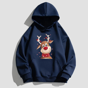 Sweat-shirt à capuche unisexe bleu marine avec imprimé de rennes, poche avant, vêtement décontracté pour l'hiver et Noël - Product Image 1