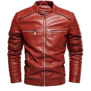 Men's Red PU <b>Leather</b> Moto Biker <b>Jacket</b> Stand Collar Zipper Closure Regular Fit <b>Long</b> Sleeve Solid Color Winter Wear Front - Product Image 1