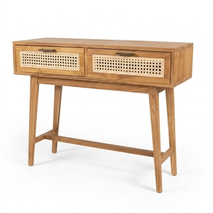 Mesa Consola Moderna de Madera de Teca Sólida y Ratán, 2 Cajones, Acabado Natural, Ensamblaje Completo, Muebles para Sala de Estar, Dormitorio, Apartamento - Product Image 1