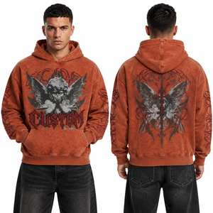 Men's Vintage Washed <b>Hoodies</b> Burnt Orange <b>Gothic</b> Angel Graphic Cropped Oversized Y2K Street Style Pullover Sweatshirts Supplier - Product Image 3