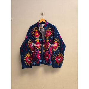 เสื้อโค้ทผู้หญิงลายหัวใจ ปักลายตา แจ็คเก็ตกำมะหยี่สีน้ำเงิน แขนยาว ปกคอพับ สำหรับฤดูใบไม้ร่วง - Product Image 1