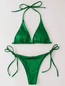 Ensemble bikini sexy pour femme, haut triangle à nouer, bas string, deux pièces, couleur unie, extensible, séchage rapide, plissé, maillot de bain pour vacances à la plage - Product Image 4