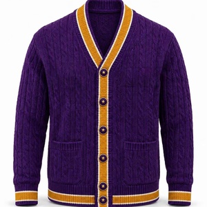 Nouveauté universitaire : Cardigan rétro personnalisé de haute qualité pour homme, style universitaire, col en V, violet, or, blanc - Product Image 6