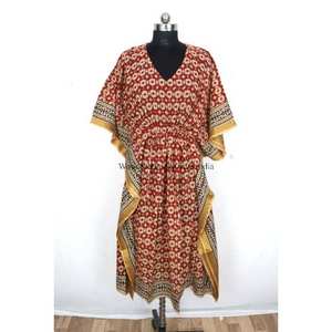 Caftán indio Bagru de algodón estampado de manga corta con diseño de borde, vestido largo de cintura natural, lavable y ecológico para mujer. - Product Image 6